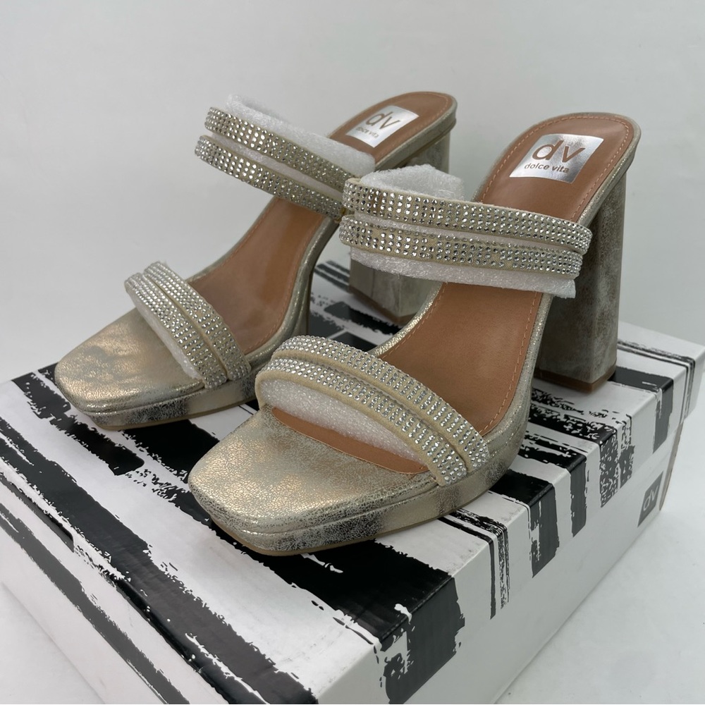 DV by Dolce Vita Gold Persia‎ Chunky Heel Open-Toe Rhinestone-Detail Sandal - Picture 8 of 14